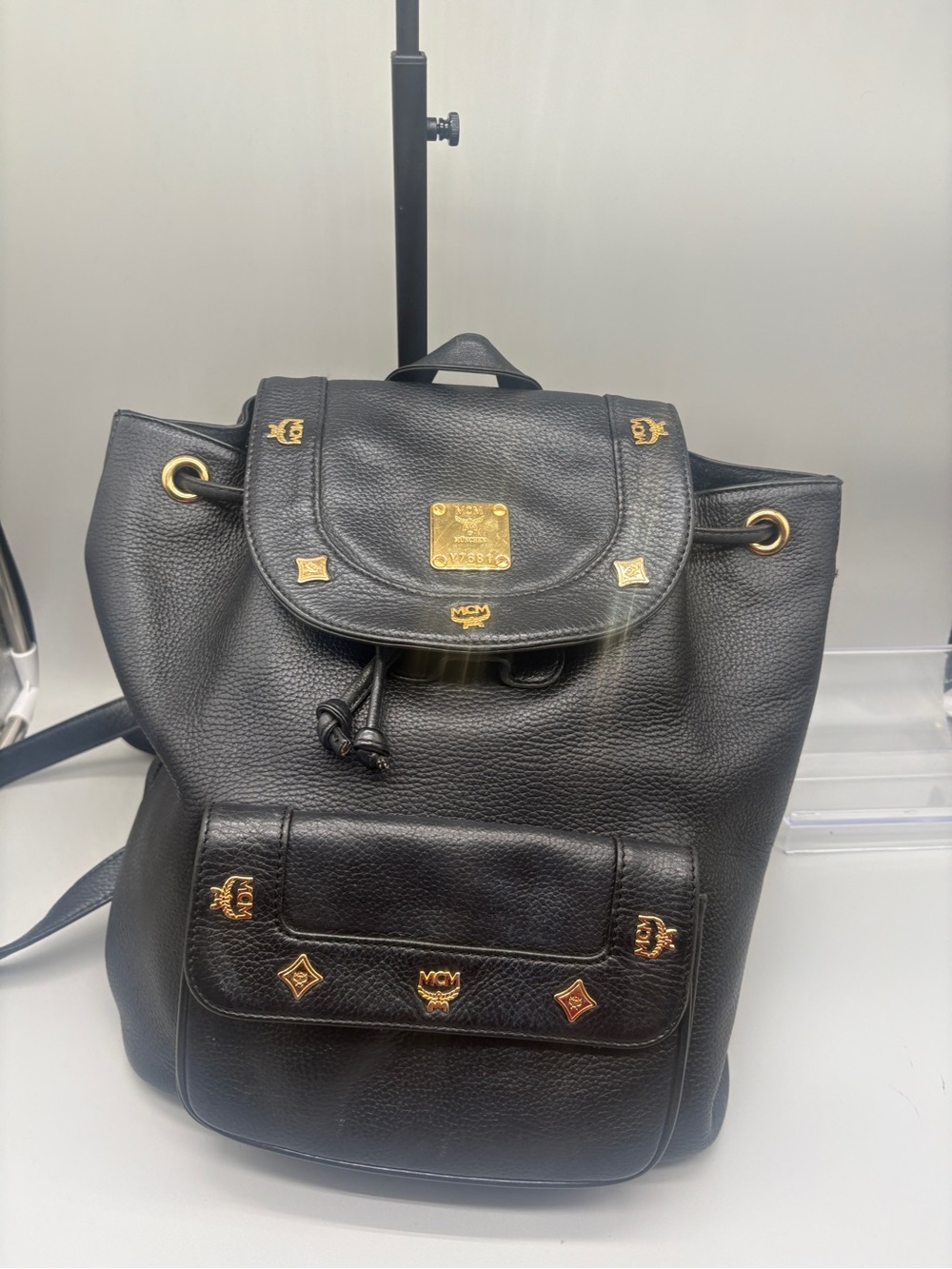 Vintage MCM Michael Cromer Black Leather Studded Drawstring Backpack